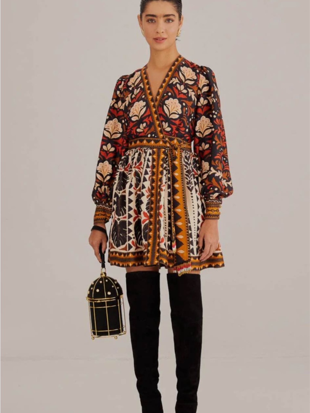FARM Rio Black, Rust & Cream Folk-Print Long Sleeve Mini Dress